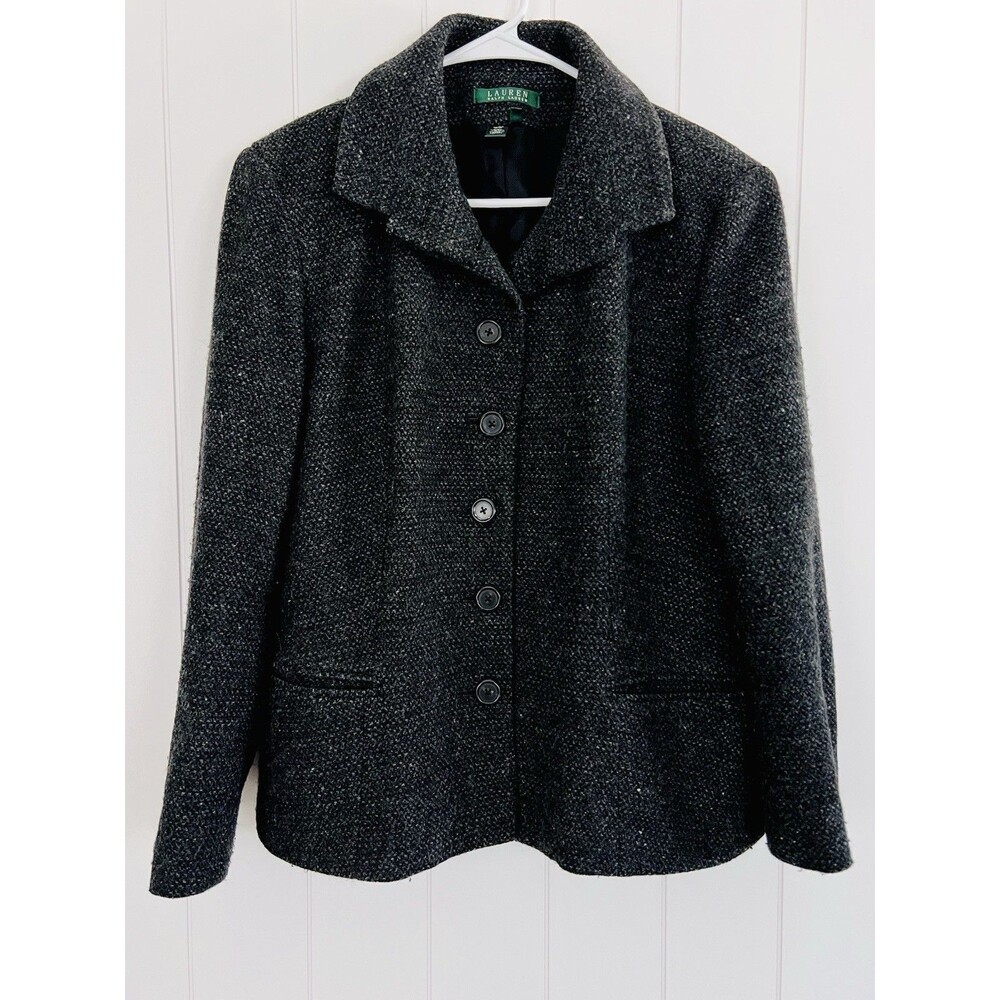 Lauren Ralph Lauren Charcoal Gray Wool Blend Blazer Jacket Quiet Luxury Size 16